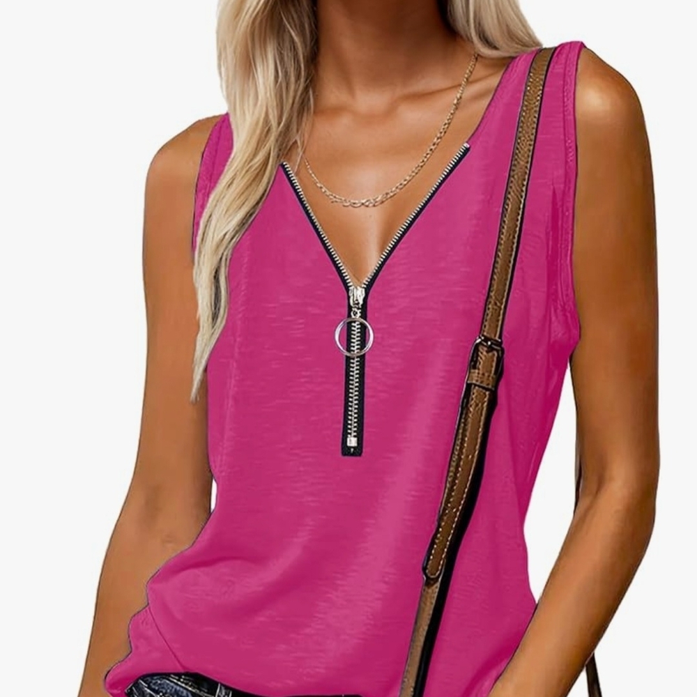 Sleeveless V-Neck Ring-Zip Tank Top in Bright Pink